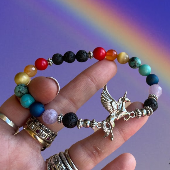Rainbow unicorn bead bracelet . Boho gemstones pride silver beaded stones - Picture 2 of 7